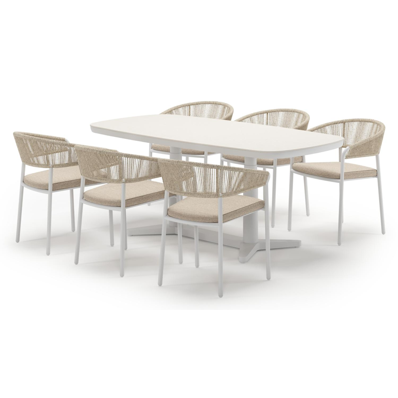 Tarsia tuinset bootvorm in wit aluminium en sintered stone Crema minerale met 6 Zamora tuinstoelen