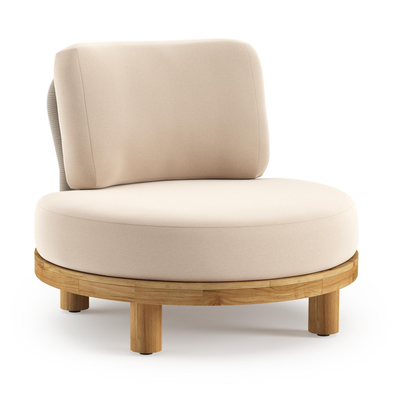 Donato loungestoel in teak en beige verticaal geweven ronde rope met all weather sunbrella® luxe Natte Linen Chalk kussen