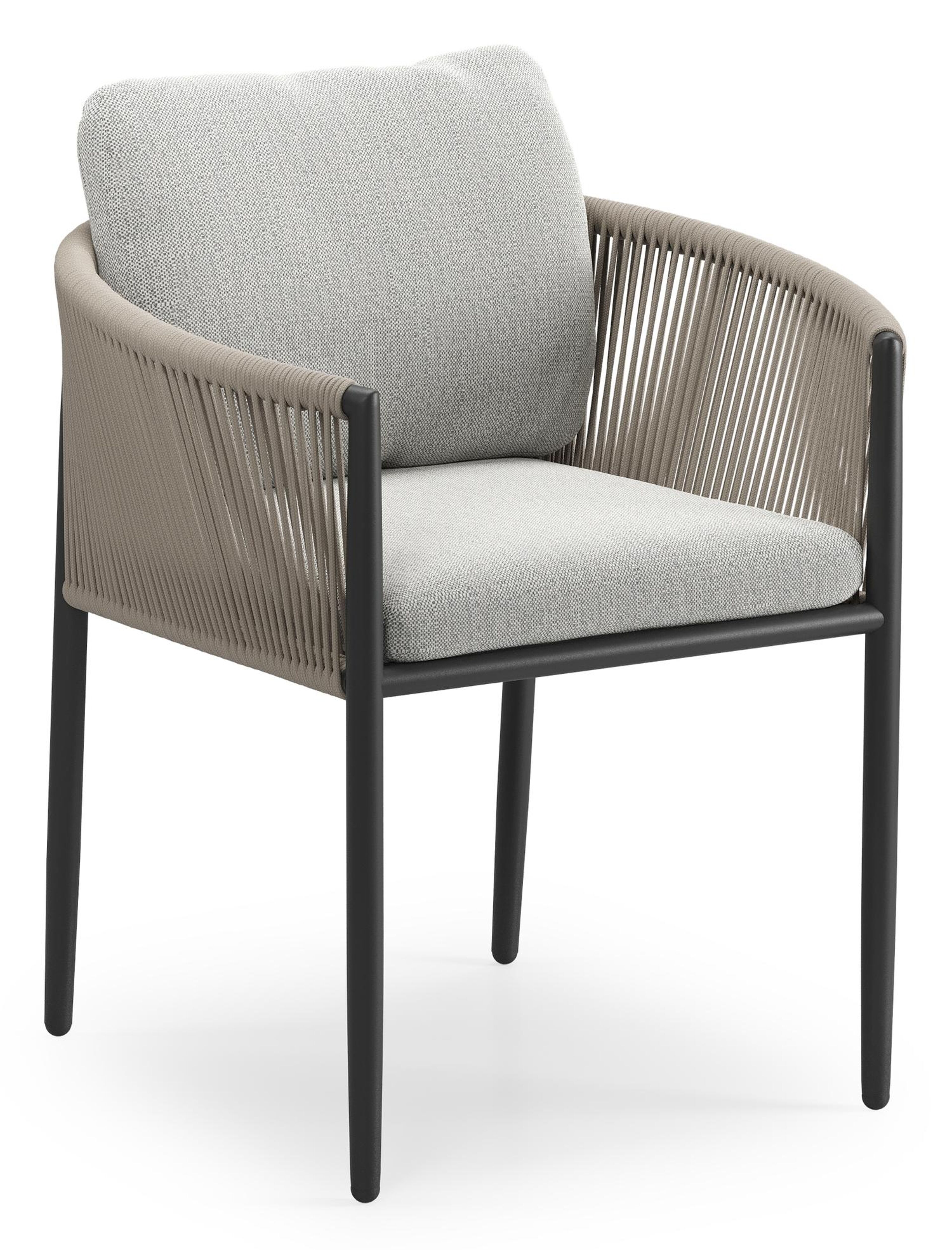 Organo tuinstoel in zwart aluminium en zwart verticaal geweven ronde rope met stoelkussen in All Weather Sunbrella® Luxe Savane Nimbus