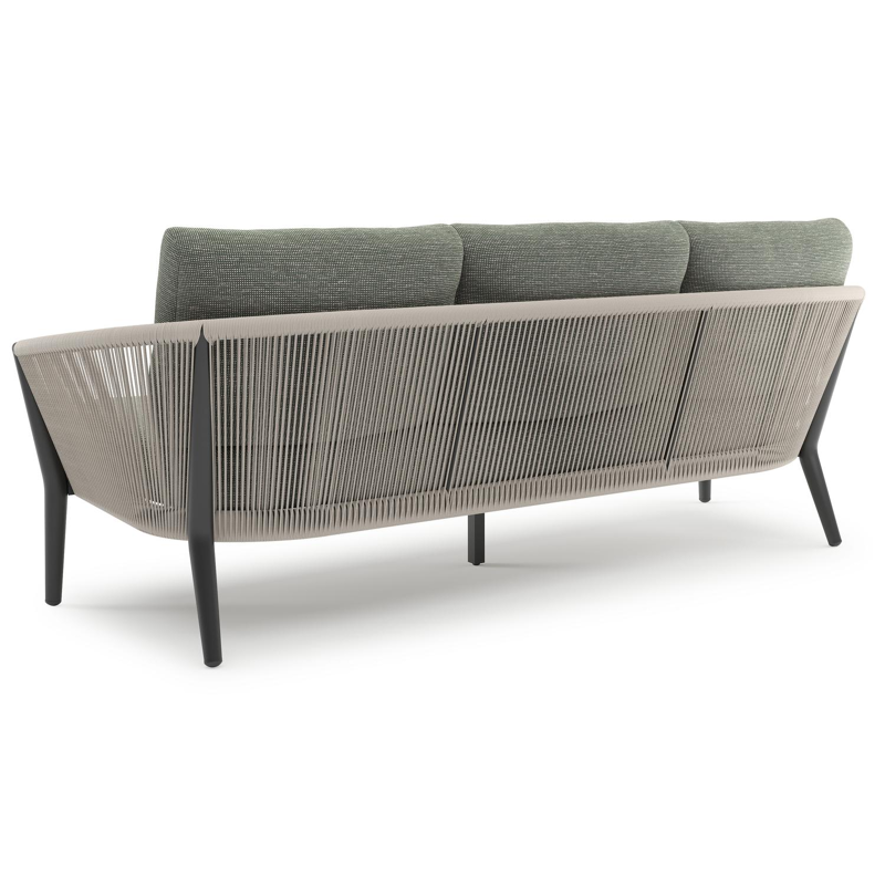 Orso loungeset in zwart aluminium en beige verticaal geweven ronde rope met Slow Fern all weather sunbrella® luxe kussen