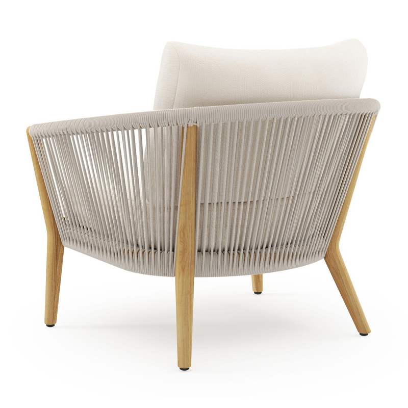 Orso loungestoel in teak en beige verticaal geweven ronde rope met Lopi Snow all weather sunbrella® luxe kussen