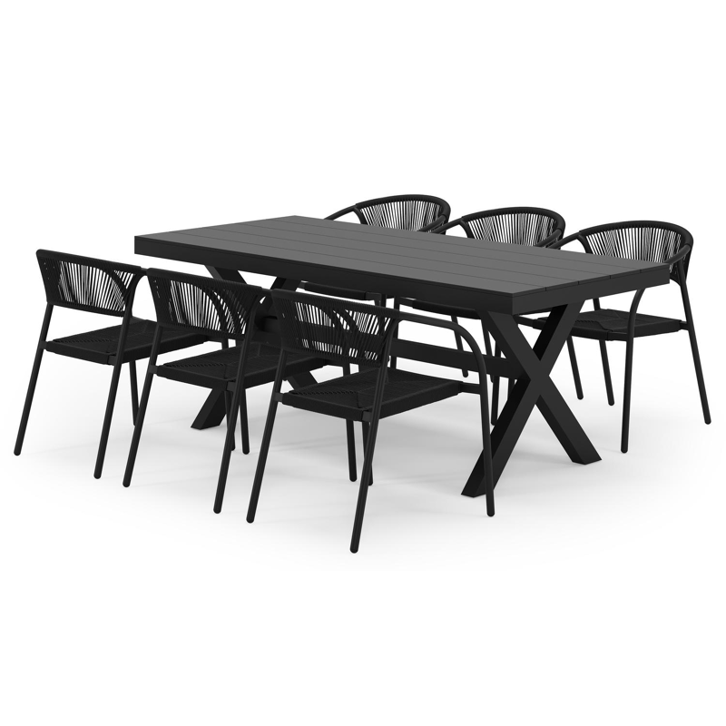 Ensemble de jardin Bahia en aluminium noir et aluminium noir avec 6 chaises de jardin empilable Melo