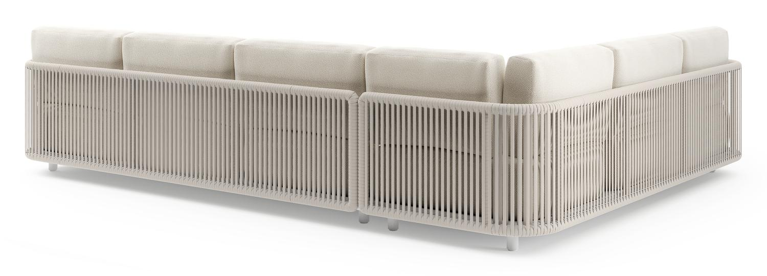 Organo loungehoek in wit aluminium en beige verticaal geweven luxe vlakke rope met althea off white All Weather Cosytica kussens