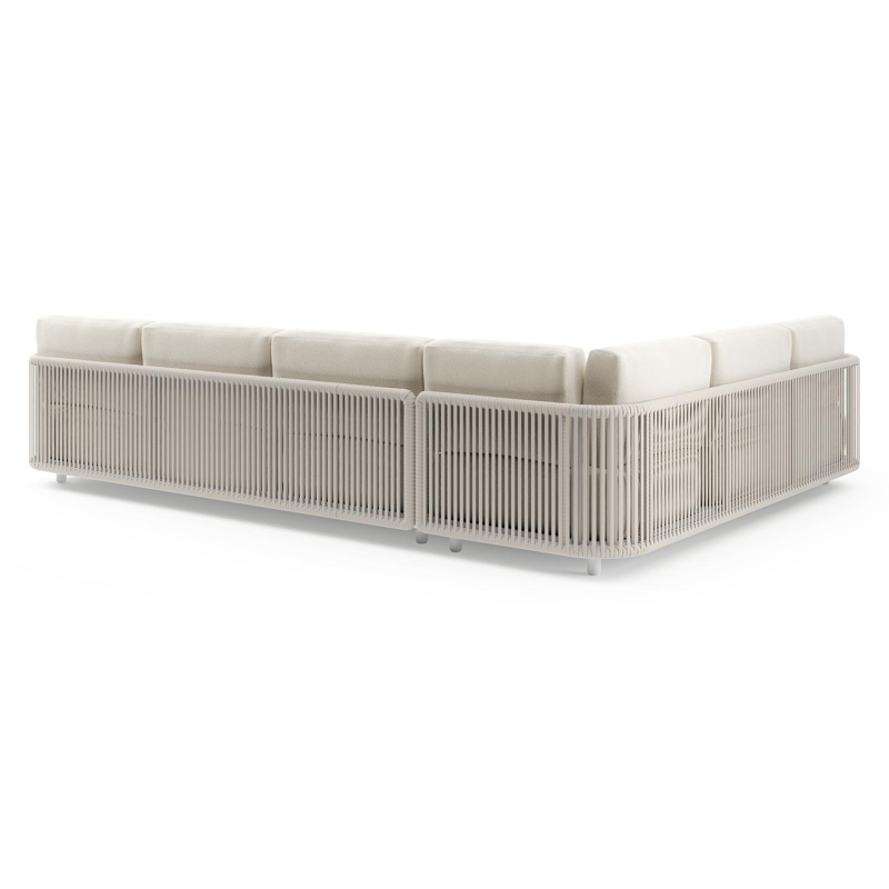Organo loungehoek in wit aluminium en beige verticaal geweven luxe vlakke rope met althea off white All Weather Cosytica kussens