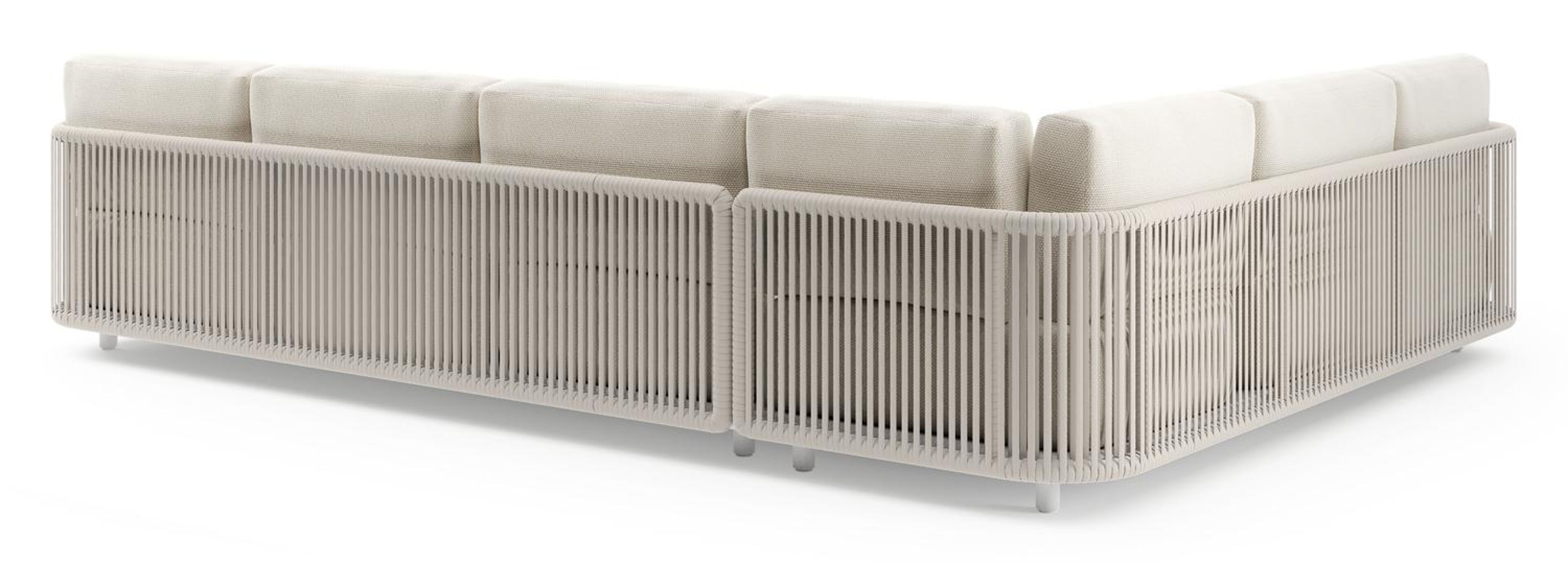 Organo loungehoek in wit aluminium en beige verticaal geweven luxe vlakke rope met althea off white All Weather Cosytica kussens