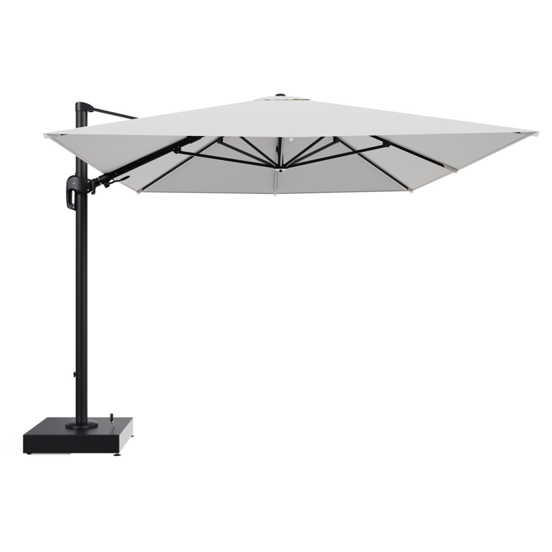 Rufina zweefparasol met tiltfunctie in zwart aluminium en Soul Optik All Weather Solica parasoldoek - L1 400 x L2 300 cm met parasolvoet Minore 150 kg met wielen