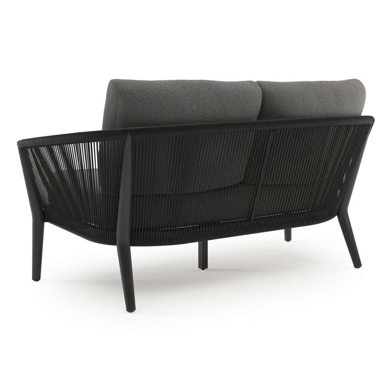 Orso loungebank in zwart aluminium en zwart verticaal geweven ronde rope met Heritage Slate all weather sunbrella® luxe kussen