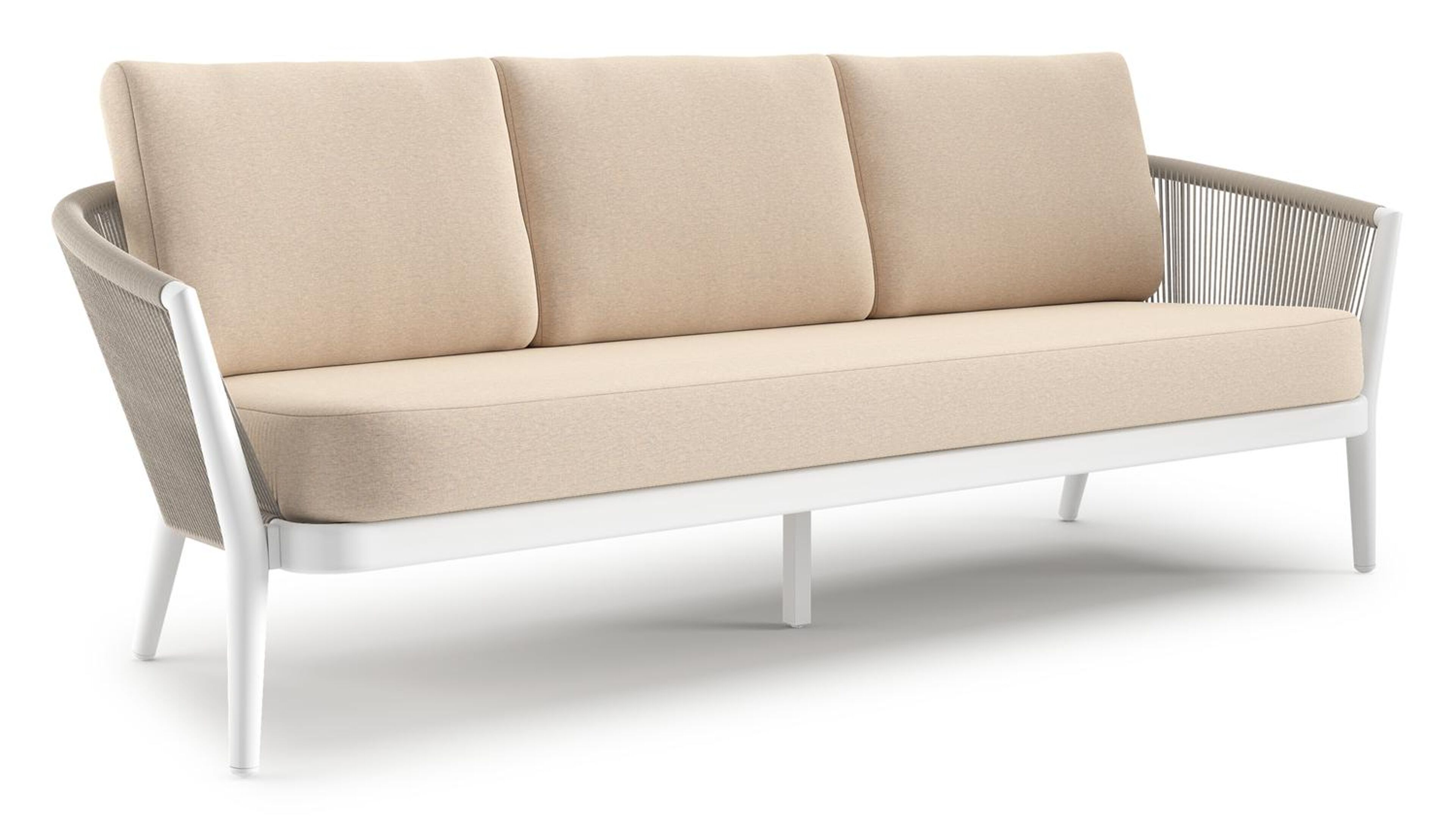 Canapé de jardin Orso en aluminium blanc en corde ronde tissée verticalement beige et coussins en all weather sunbrella® luxe Heritage Papyrus