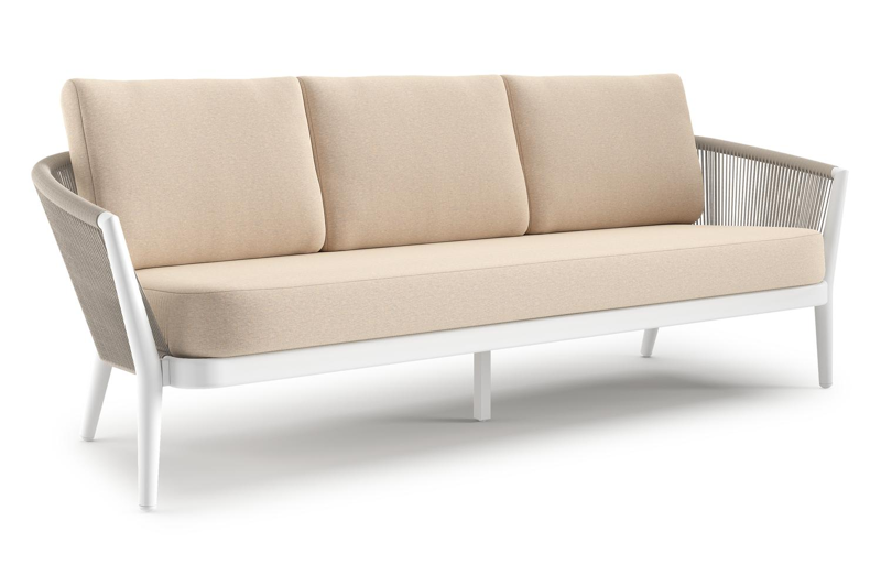 Canapé de jardin Orso en aluminium blanc en corde ronde tissée verticalement beige et coussins en all weather sunbrella® luxe Heritage Papyrus