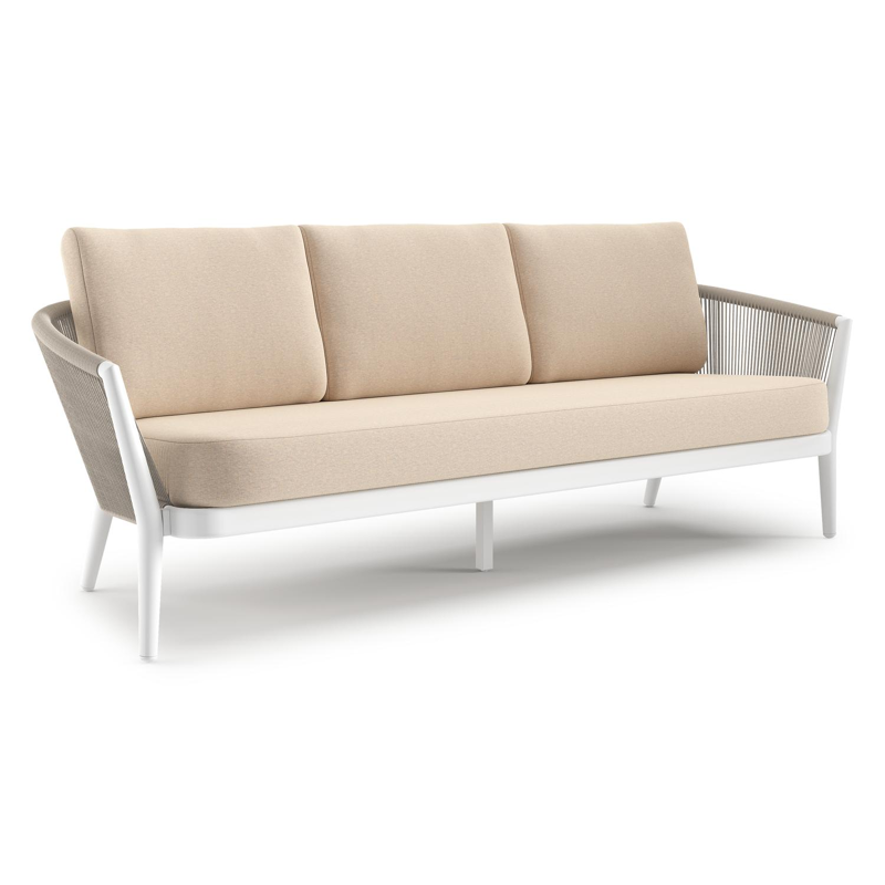 Canapé de jardin Orso en aluminium blanc en corde ronde tissée verticalement beige et coussins en all weather sunbrella® luxe Heritage Papyrus