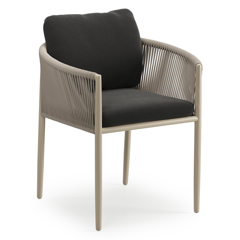 Organo tuinstoel in zwart aluminium en beige verticaal geweven ronde rope met stoelkussen in All Weather Sunbrella® Luxe Natte Sooty
