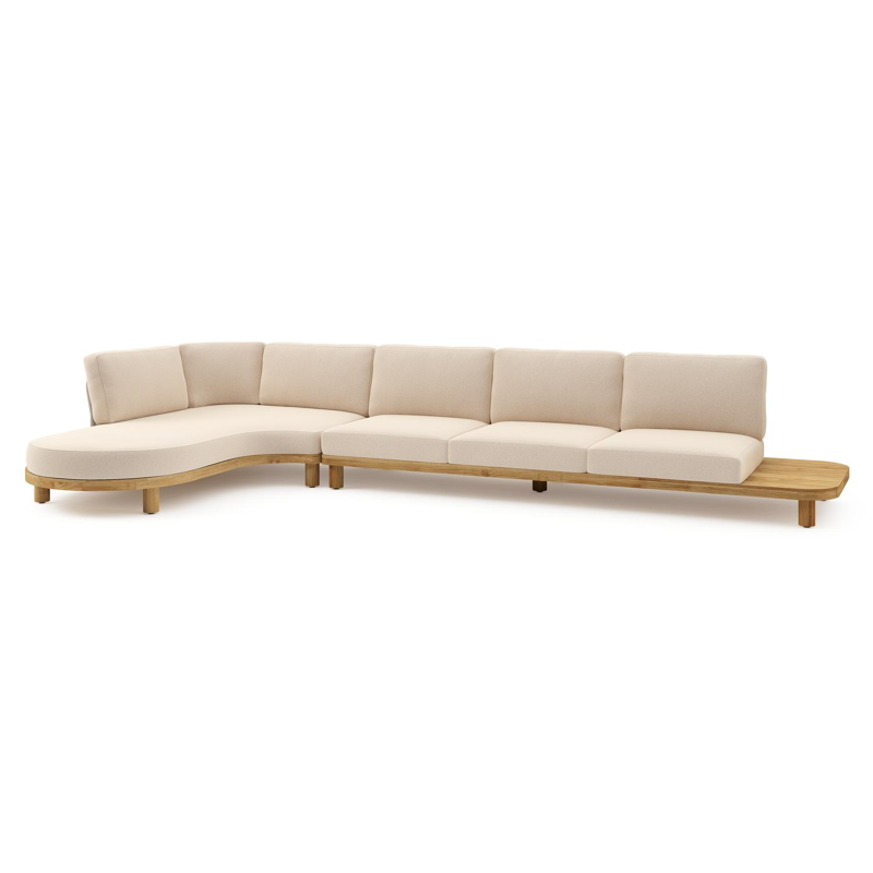 Donato loungehoek in teak en beige verticaal geweven ronde rope met all weather sunbrella® luxe Heritage Papyrus kussen