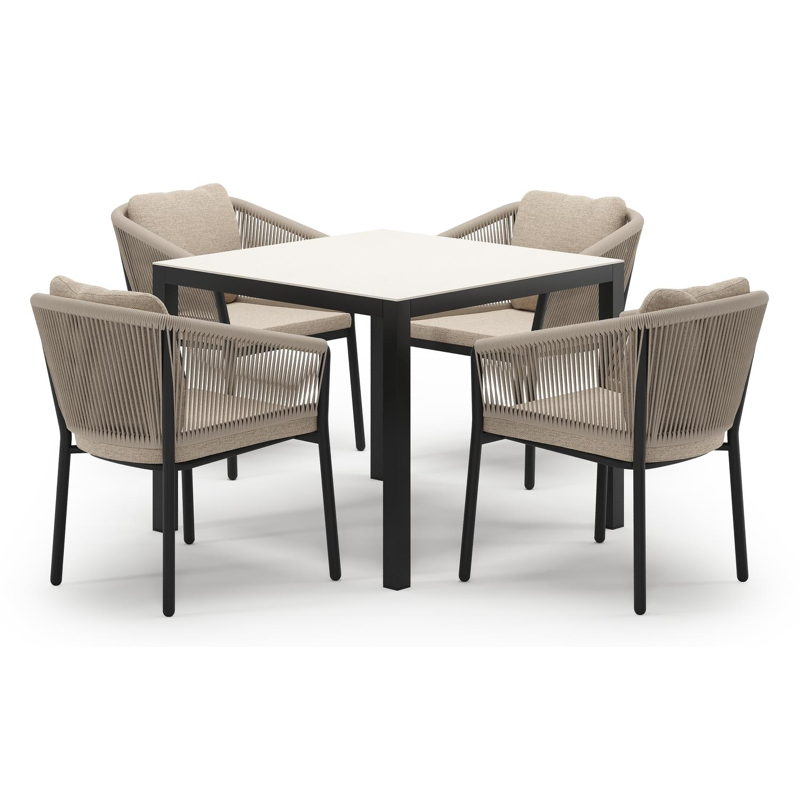 Feltro tuinset in zwart aluminium en crema minerale sintered stone met 4 Gerona tuinstoelen