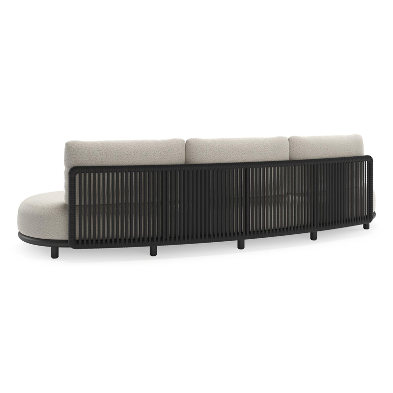 Canapé de jardin Lomano en aluminium noir et corde luxe plate tissée verticalement noir et coussins en all weather solica firenze natural