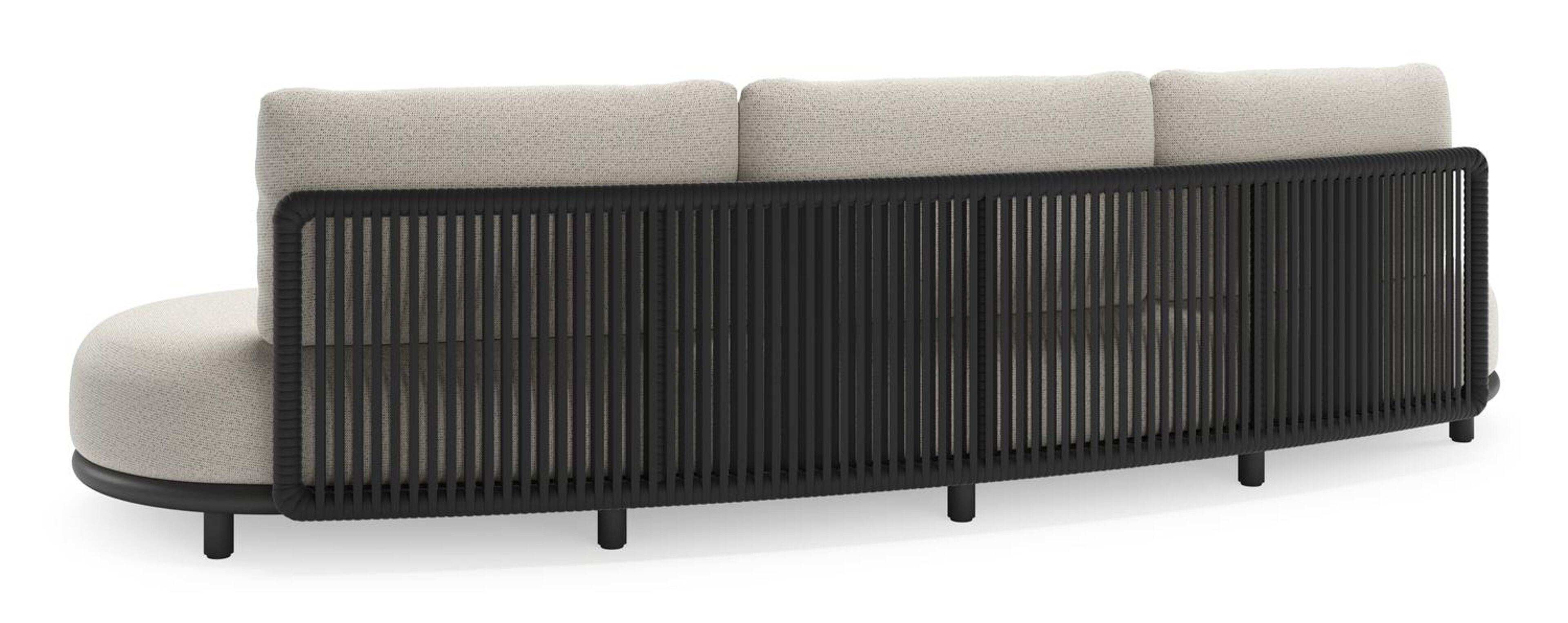 Canapé de jardin Lomano en aluminium noir et corde luxe plate tissée verticalement noir et coussins en all weather solica firenze natural