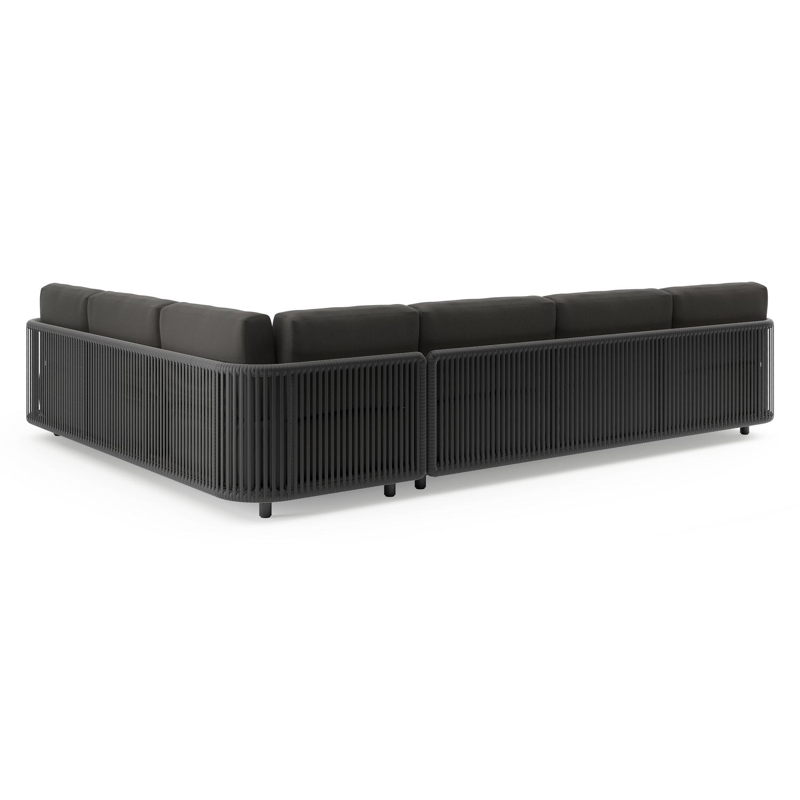 Organo loungehoek in zwart aluminium en zwart verticaal geweven luxe vlakke rope met heritage char all weather Sunbrella® luxe kussen