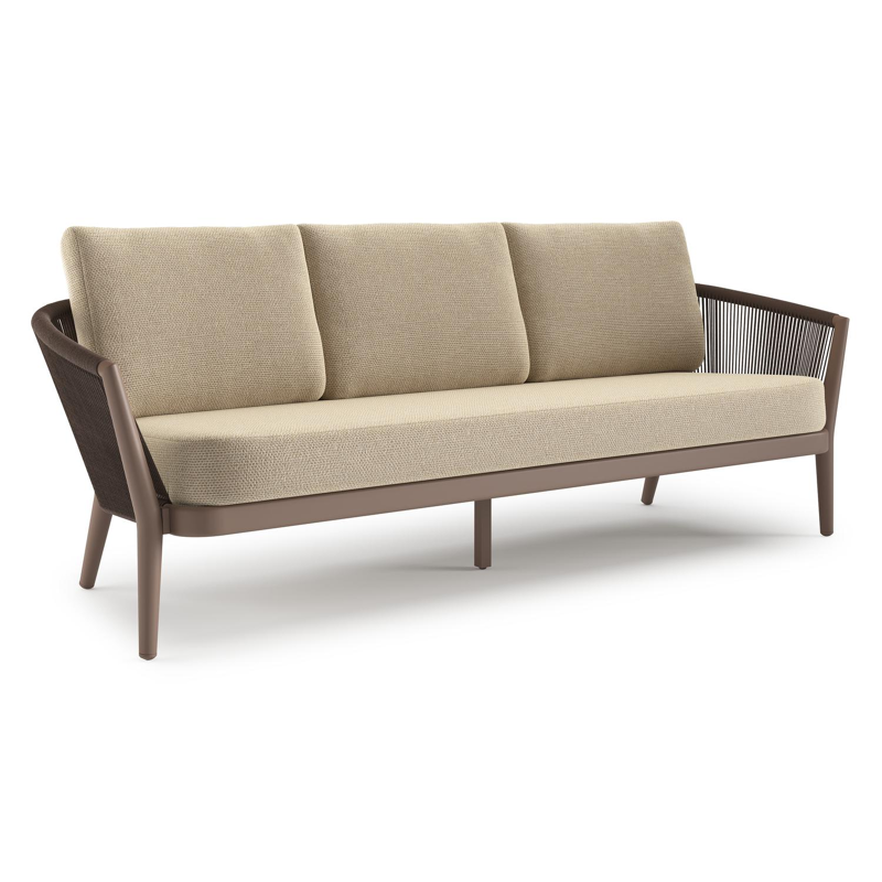 Orso loungebank in taupe aluminiumen zwart verticaal geweven ronde rope met Althea Camel all weather cosytica kussen