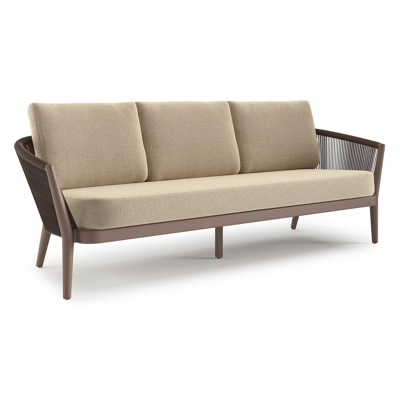 Canapé de jardin Orso en aluminium taupe en corde ronde tissée verticalement noir et coussins en all weather cosytica Althea Camel