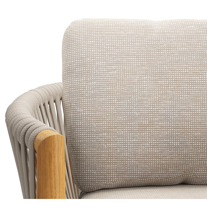 Organo tuinstoel in teak en beige verticaal geweven luxe vlakke rope met zitkussen in All Weather Sunbrella® Luxe Slow Farafra