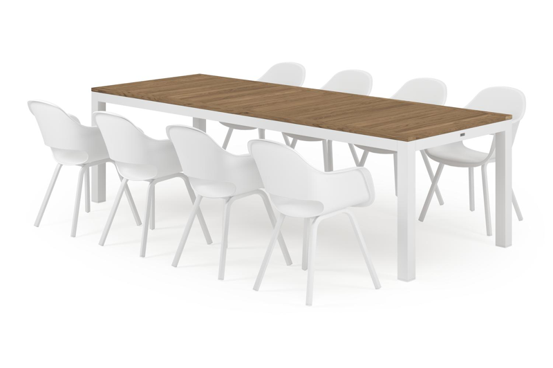 Varese tuinset in wit aluminium en naturel teak tafelblad met 8 Artena tuinstoelen
