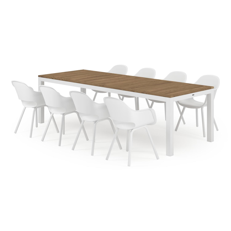 Varese tuinset in wit aluminium en naturel teak tafelblad met 8 Artena tuinstoelen