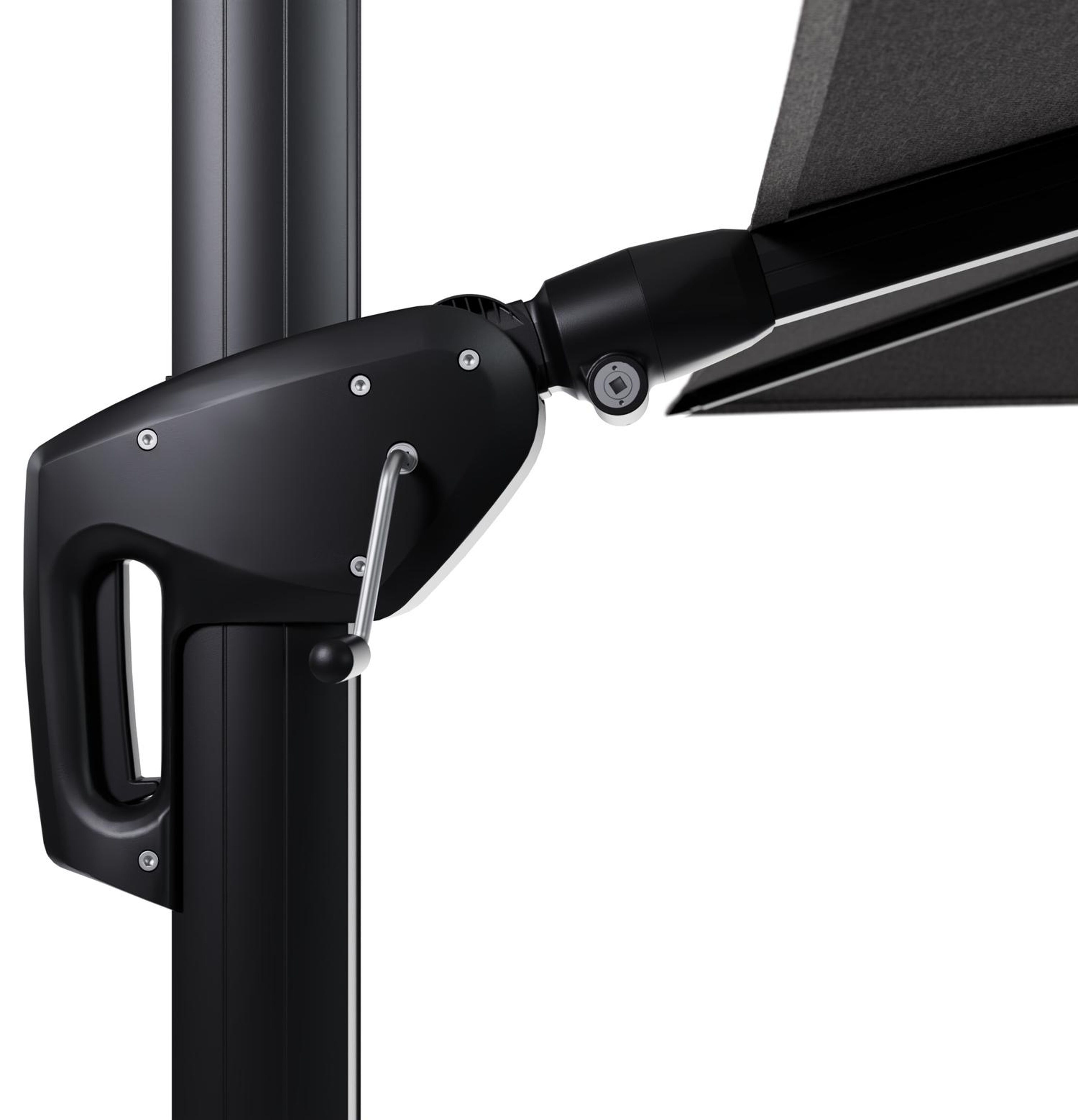 Parasol pendant Minore avec fonction tilt en aluminium noir avec toile de parasol en all weather sunbrella® luxe chartres drizzle - Lg.1 280 Lg.2 370 cm (sans pied de parasol)