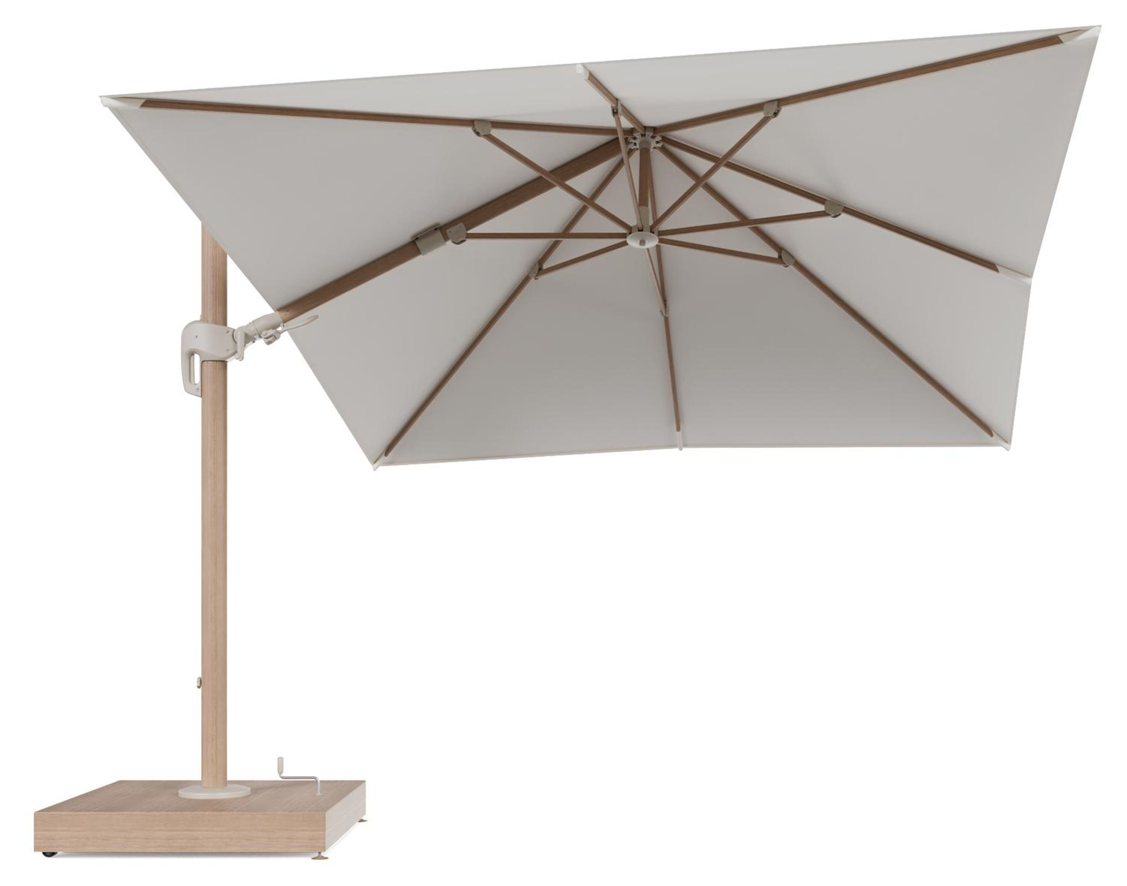 Rufina zweefparasol met tiltfunctie in houtlook aluminium en Natte White All Weather Sunbrella® Luxe parasoldoek - L1 300 x L2 300 cm met parasolvoet Minore 260 kg met wielen