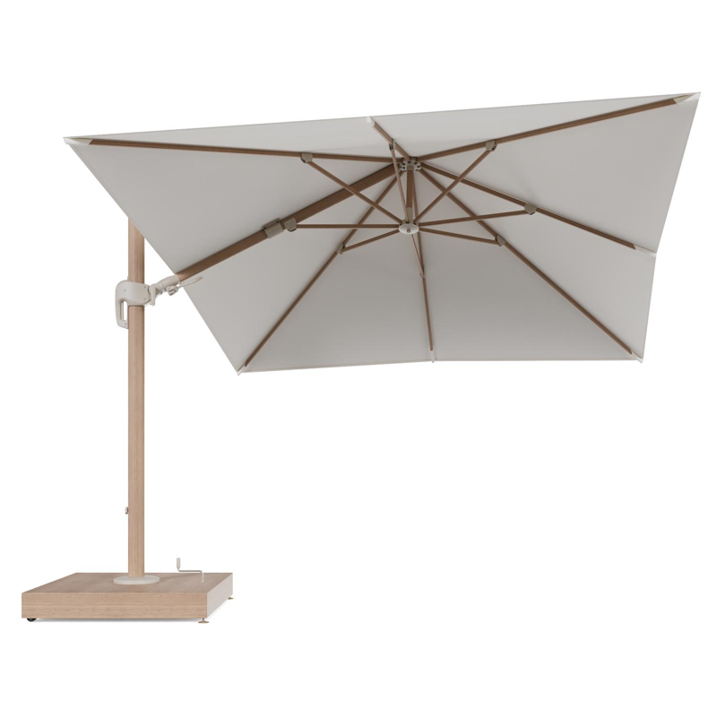 Rufina zweefparasol met tiltfunctie in houtlook aluminium en Natte White All Weather Sunbrella® Luxe parasoldoek - L1 300 x L2 300 cm met parasolvoet Minore 260 kg met wielen