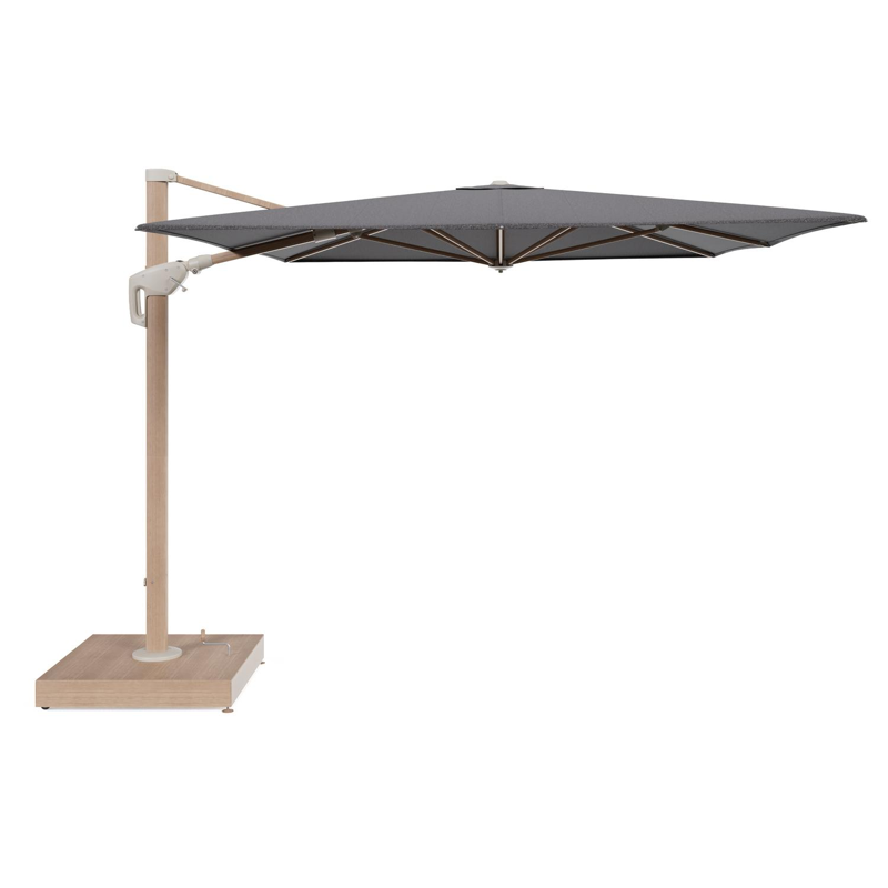 Minore zweefparasol met tiltfunctie in houtlook aluminium en Firenze Tunder All Weather Solica parasoldoek - L1 400 x L2 300 cm met parasolvoet Minore 260 kg met wielen