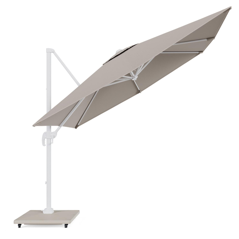 Calpe zweefparasol in wit aluminium en parasoldoek in Weather+ Softtouch Beige  - L1 270 x L2 270 cm met Calpe parasolvoet 70 kg met wielen