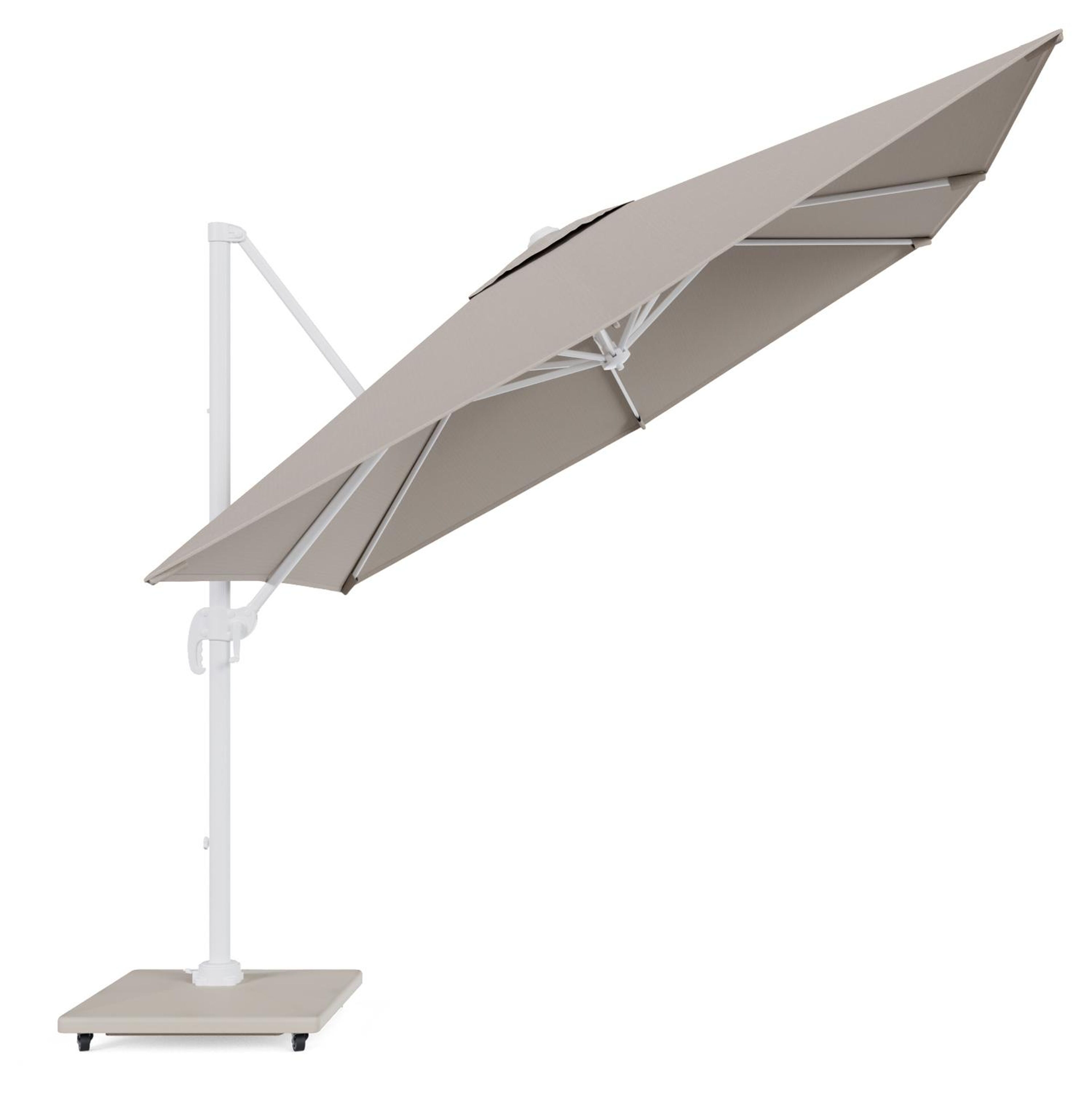 Calpe zweefparasol in wit aluminium en parasoldoek in Weather+ Softtouch Beige  - L1 270 x L2 270 cm met Calpe parasolvoet 70 kg met wielen