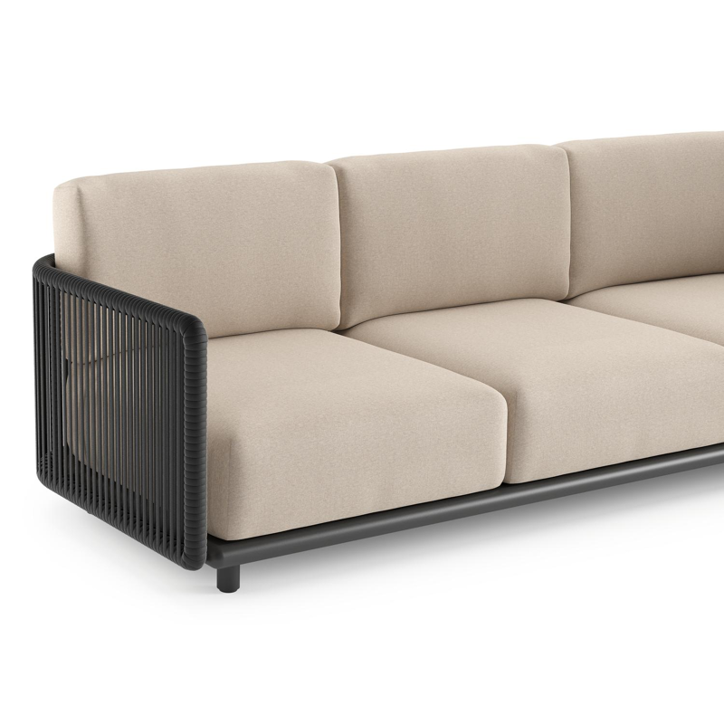 Salon de jardin d'angle Organo en aluminium noir et corde luxe plate tissée verticalement noir et coussin en all weather Sunbrella® luxe heritage ash