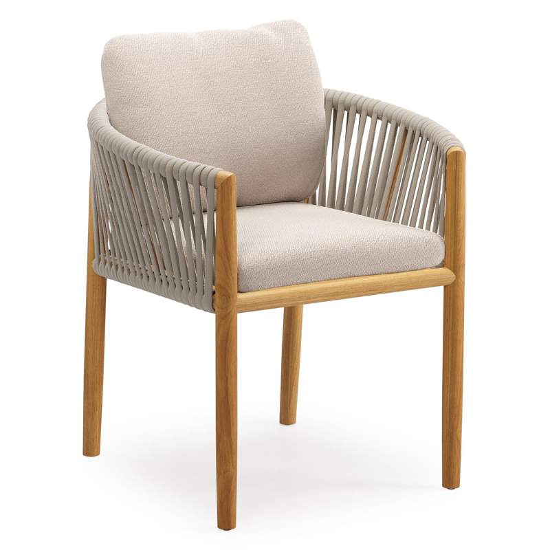 Organo tuinstoel in teak en beige verticaal geweven luxe vlakke rope met zitkussen in All Weather Sunbrella® Luxe Wander Pilat