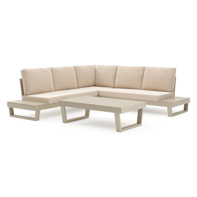 Salon de jardin d'angle Modica en aluminium beige et coussins en all weather sunbrella® premium natte linen chalk et table basse