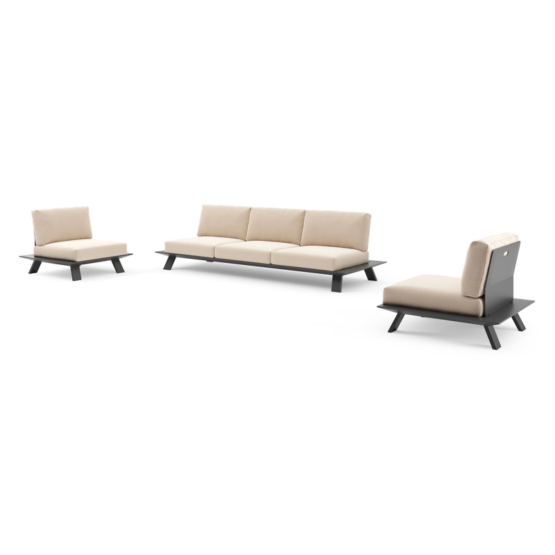 Salon de jardin Cesano en aluminium noir et coussin en all weather Sunbrella® luxe natte linen chalk