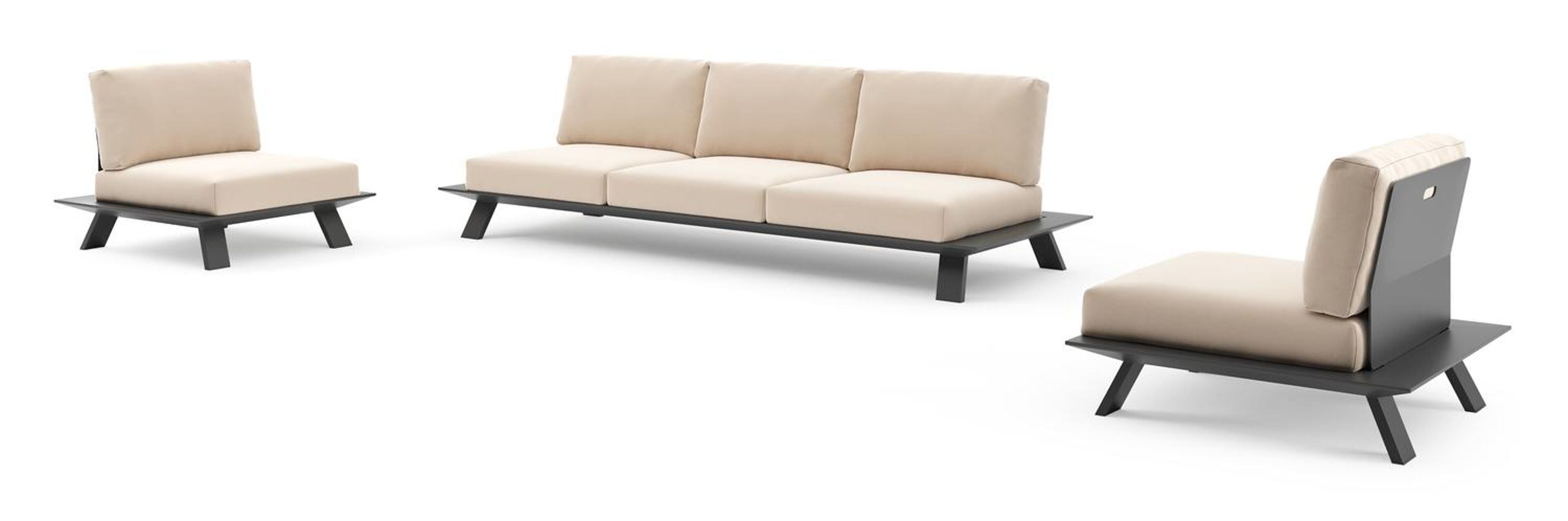 Salon de jardin Cesano en aluminium noir et coussin en all weather Sunbrella® luxe natte linen chalk