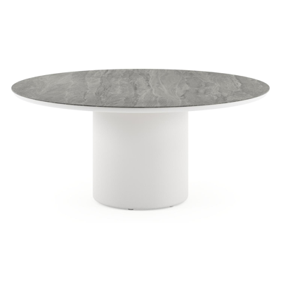 Amico low dining tuintafel rond in wit aluminium en volkeramiek Aspen Grey - Dia. 148 x H 61 cm