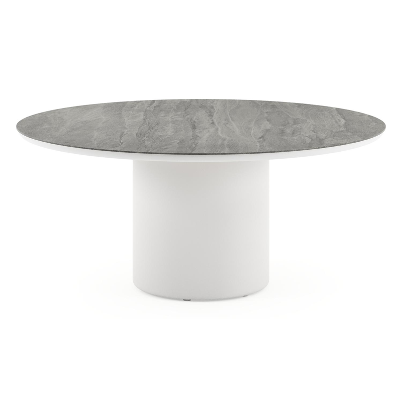 Amico low dining tuintafel rond in wit aluminium en volkeramiek Aspen Grey - Dia. 148 x H 61 cm