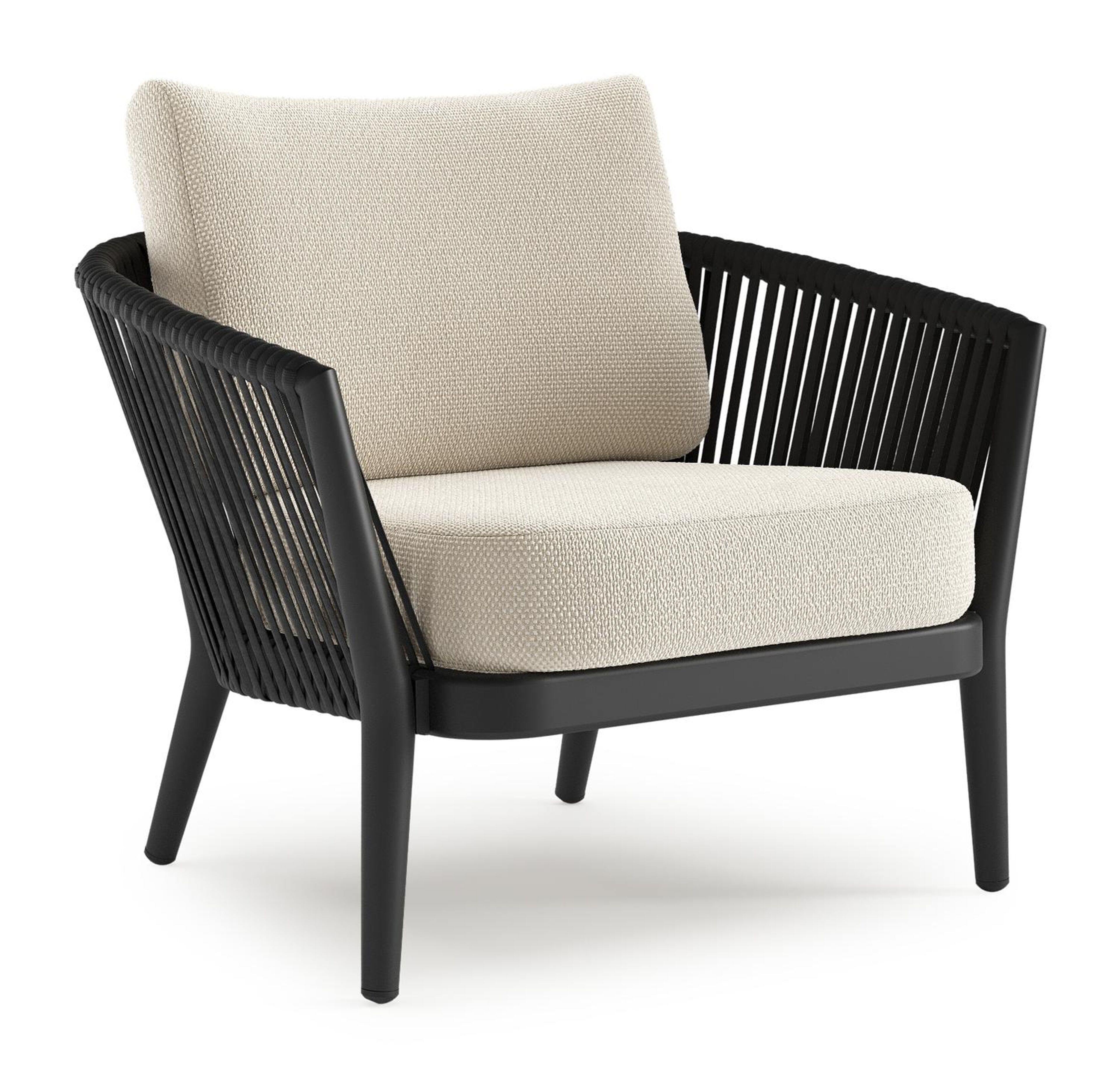 Fauteuil de jardin Orso en aluminium noir en corde luxe plate tissée verticalement noir et coussins en all weather cosytica Althea Off White