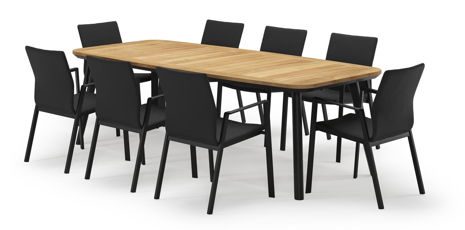 Mosa bootvormige tuinset in zwart aluminium en teak natural finish met 8 Madura tuinstoelen