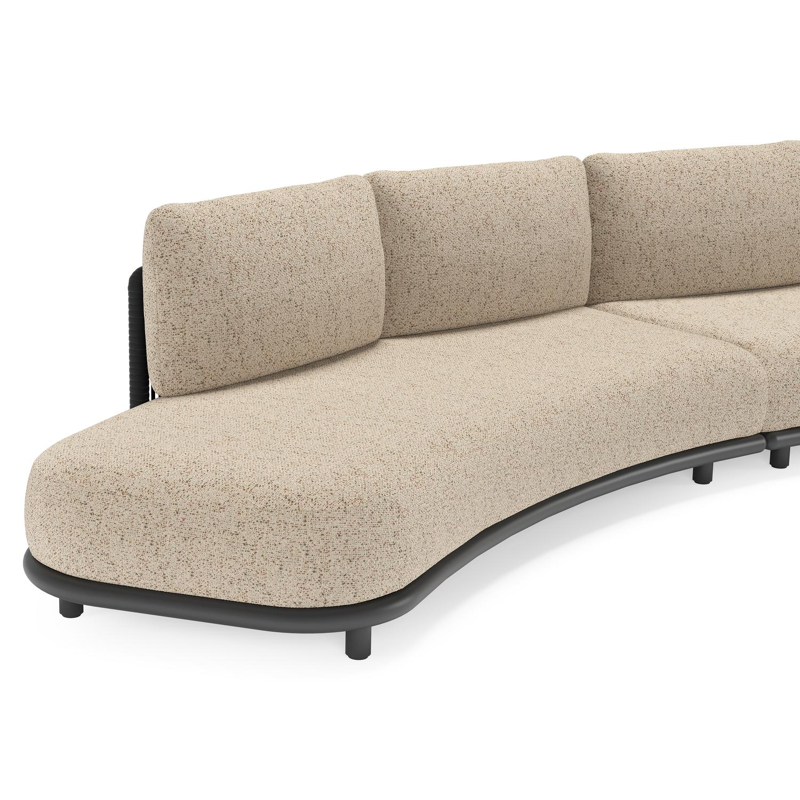 Lomano loungebank in zwart aluminium en beige verticaal geweven luxe vlakke rope met bora jungle all weather cosytica kussen