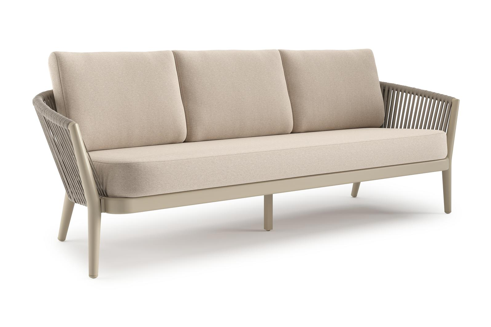 Orso loungebank in beige aluminium en beige verticaal geweven luxe vlakke rope met Heritage Ash all weather sunbrella® luxe kussen