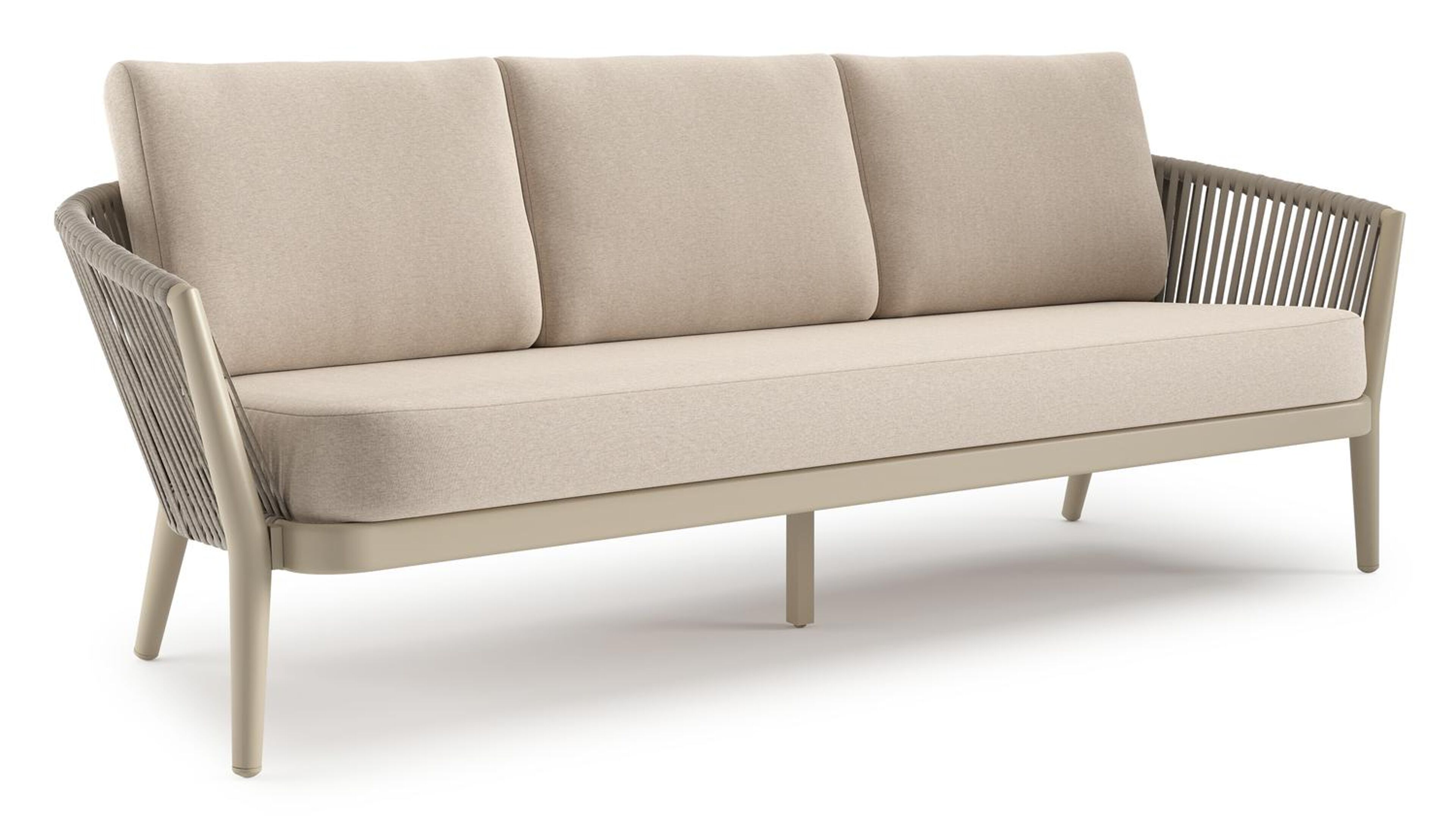 Orso loungebank in beige aluminium en beige verticaal geweven luxe vlakke rope met Heritage Ash all weather sunbrella® luxe kussen