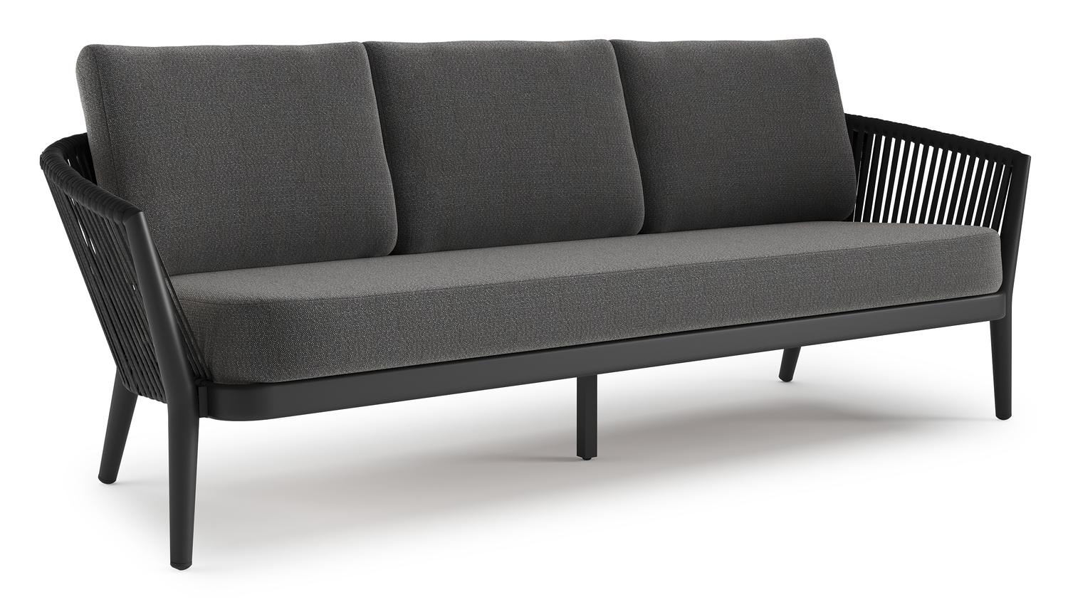 Orso loungebank in zwart aluminium en zwart verticaal geweven ronde rope met Savane Tornado all weather sunbrella® luxe kussen