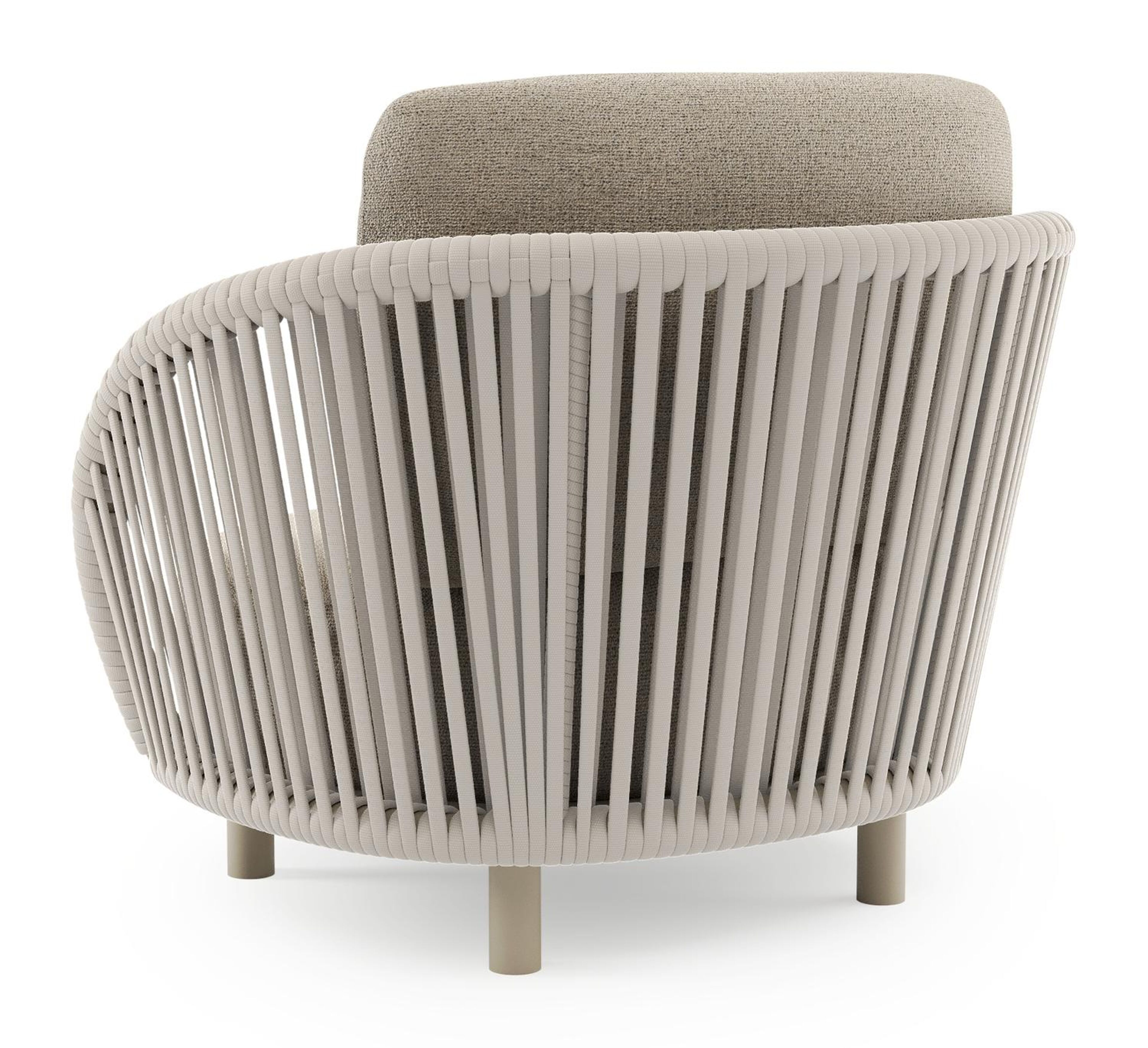 Fauteuil de jardin Lupino en aluminium beige et corde large plate de luxe tissée verticalement beige et coussins en all weather cosytica marbella beige