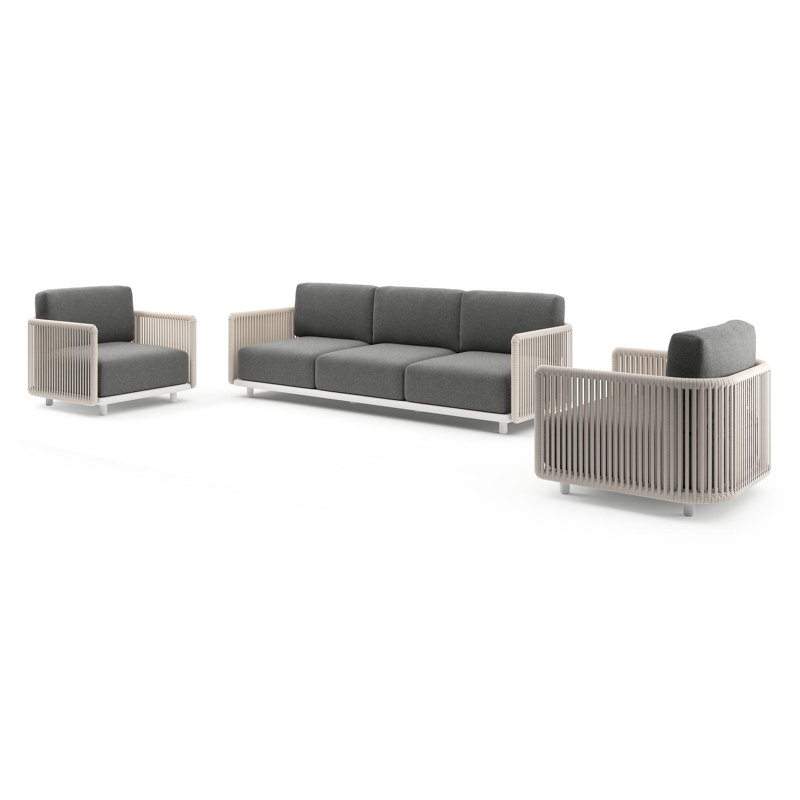 Salon de jardin Organo en aluminium blanc et corde luxe plate tissée verticalement beige et coussin en all weather Cosytica catania black