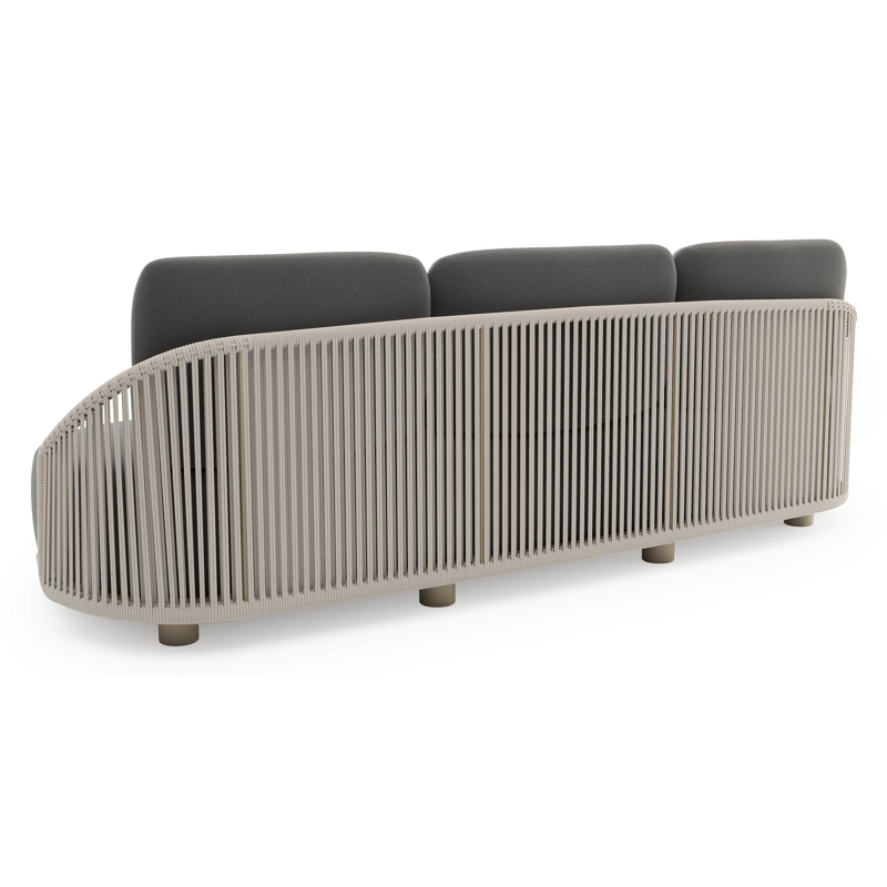 Salon de jardin Vadelo en aluminium beige et corde ronde tissée verticalement beige et coussins en all weather sunbrella® luxe natte charcoal chine