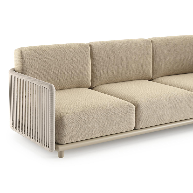 Organo loungeset in beige aluminium en beige verticaal geweven luxe vlakke rope met althea camel all weather Cosytica kussen