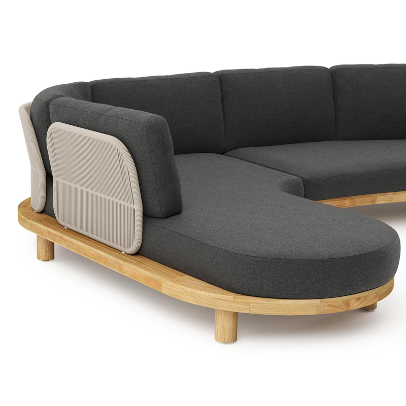 Salon de jardin d'angle Donato en teck et corde ronde tissée verticalement beige et coussins en all weather sunbrella® luxe Chartres Sooty