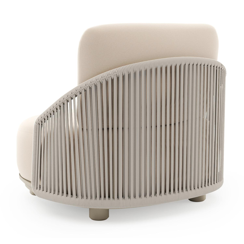 Fauteuil de jardin Vadelo en aluminium beige et corde ronde tissée verticalement beige et coussins en all weather sunbrella® luxe natte linen chalk